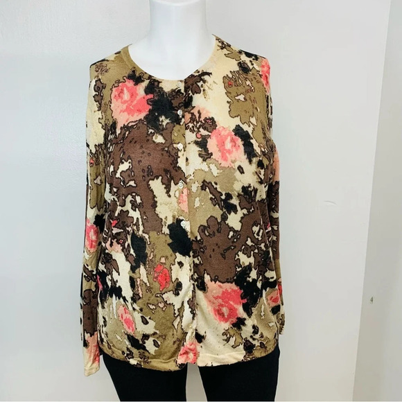 Kate Hill Sweater Woman Size 1X Linen Blend Floral Long Sleeve Cardigan Light - Picture 1 of 12